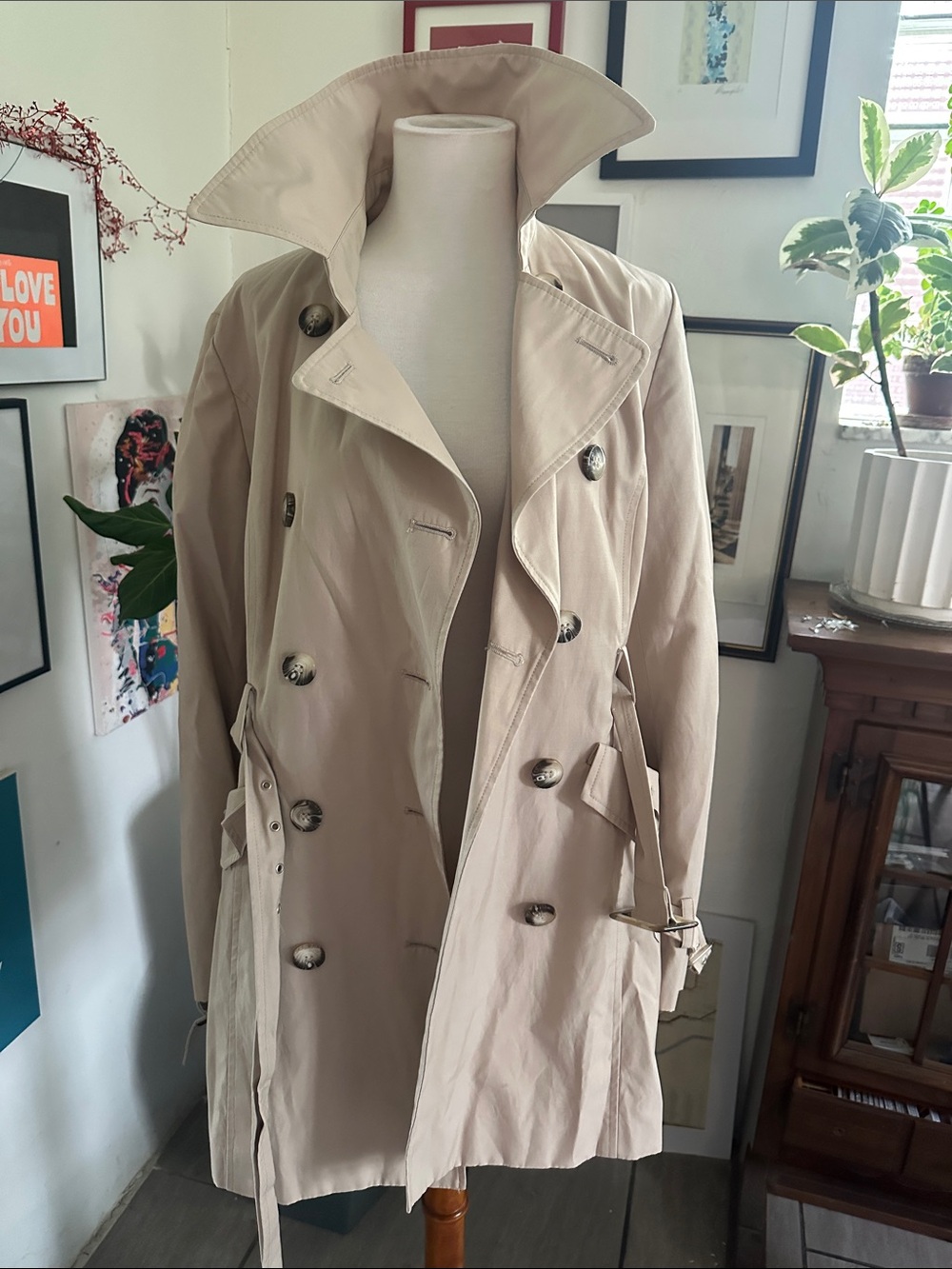 Van Heusen Beige Double-Breasted Trench Coat with Belt Small